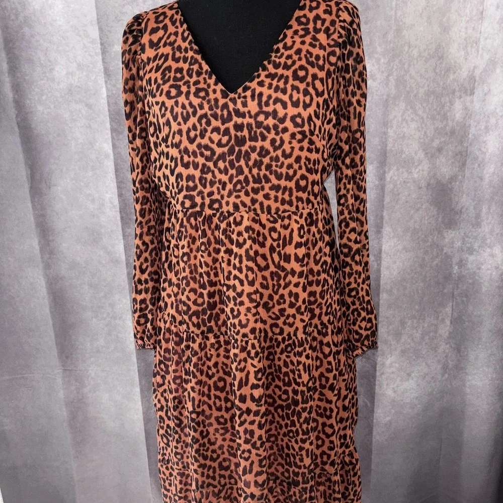 LOFT Brown Leopard Print Boho Chic Midi Chic Dress‎ Womens Size 4